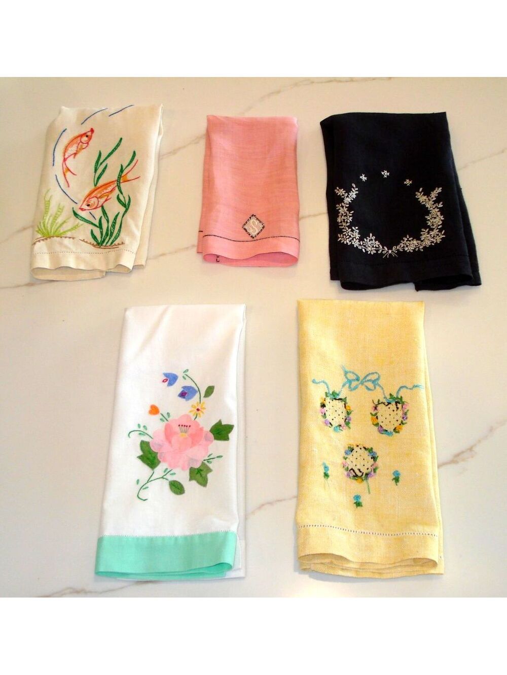 5 Vintage 1950's Embroidered Linens - Floral, Fish, Easter, Wreath & S Napkins